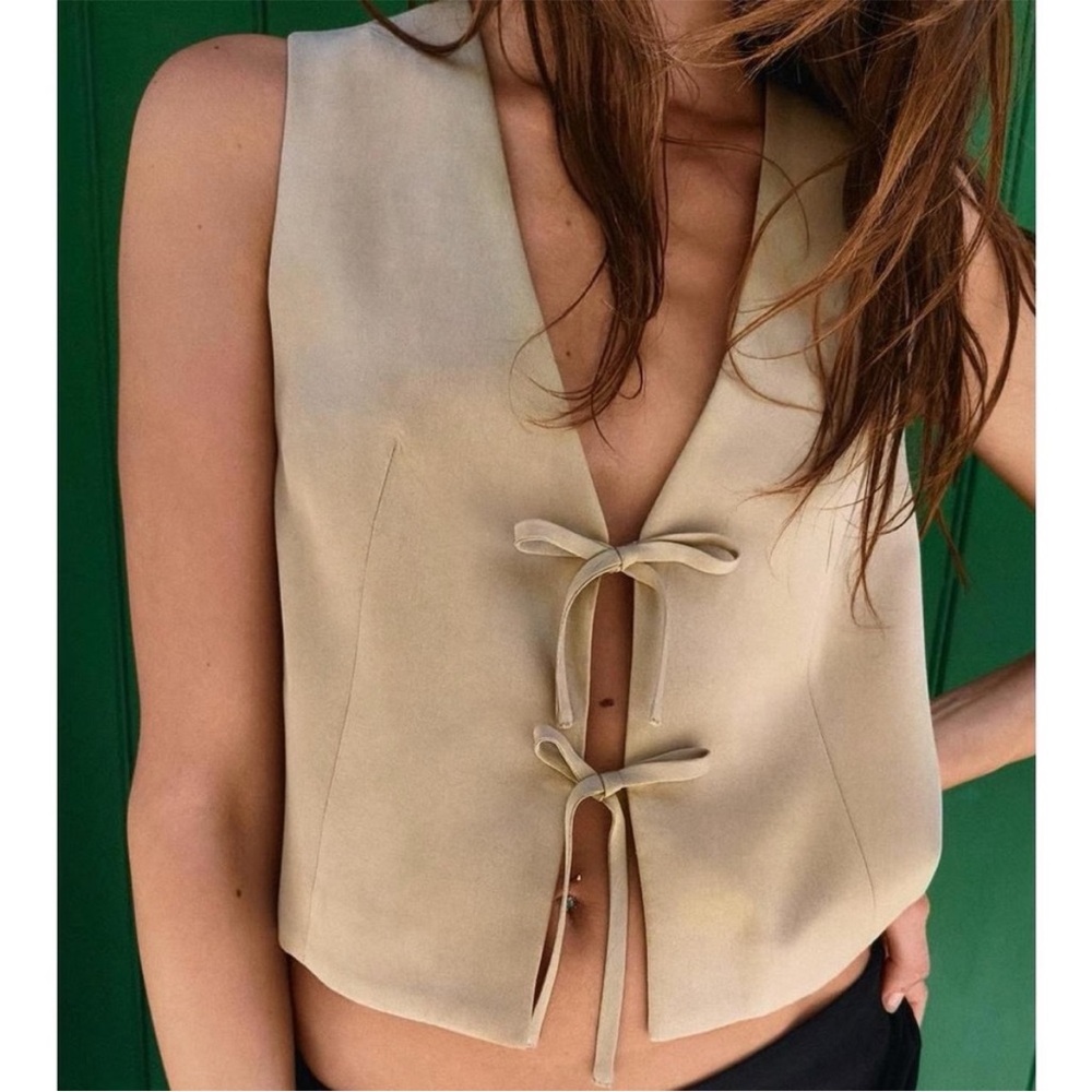 Zara Tan Sleeveless Tie Bow Front Viscose V Neck Boho Cottagecore Top L